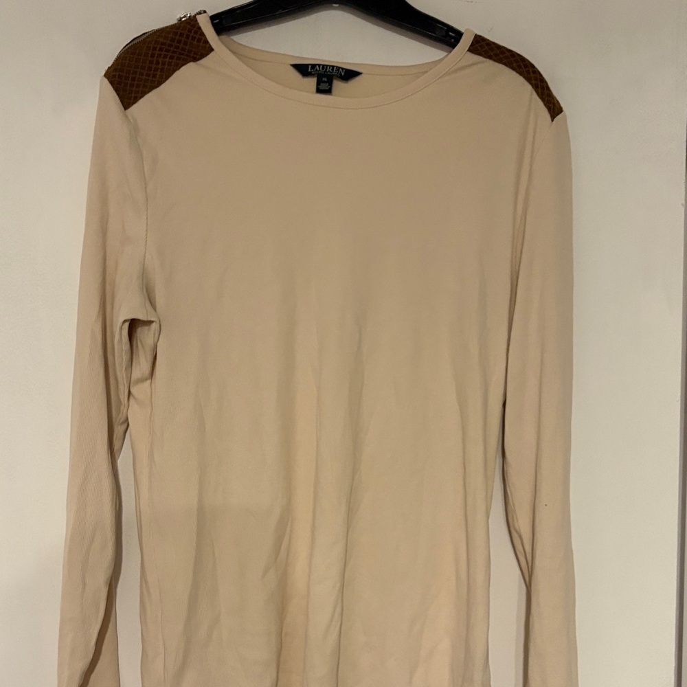 Lauren Ralph Lauren Cream Long Sleeve Top with Brown Quilted Shoulder Panels